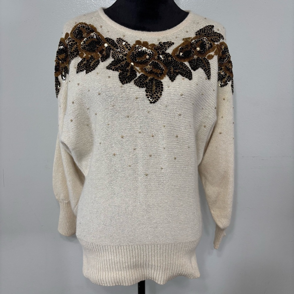 Vintage 80s Cream Silk Angora Lambswool Blend Sequin Embellished Sweater Size M
